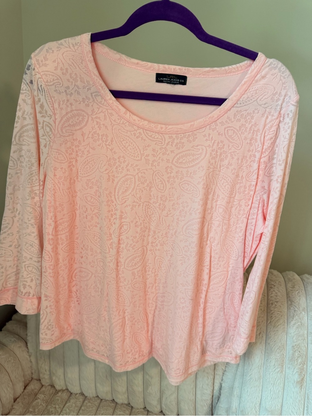 Lauren Ralph Lauren Light Pink Paisley Lined 3/4 Sleeve Scoop Neck Top